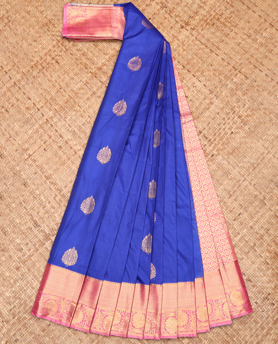 Royal Blue Budget Silk Saree, Mesmerized with Zari Buttas, Complemented by a Contrast Traditional Border, Jaal Pallu, and a Contrast Blouse