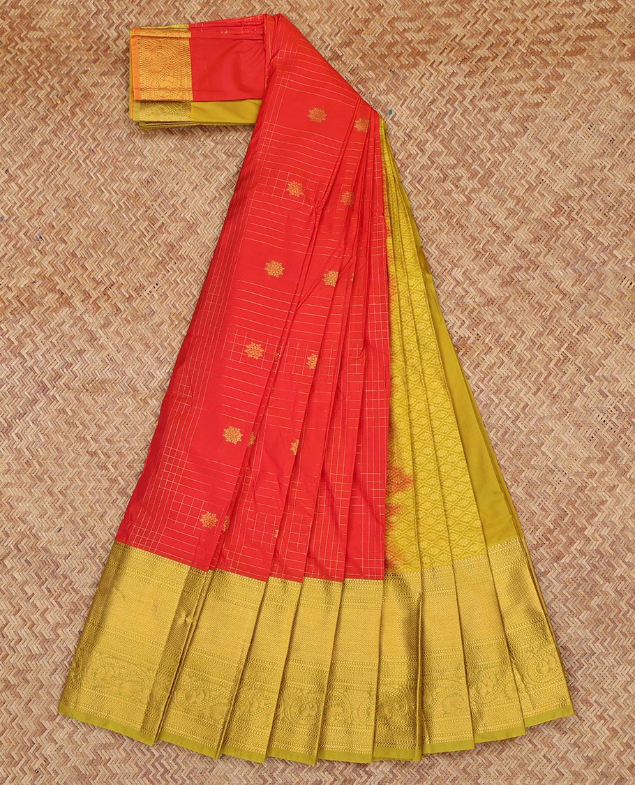 Red Budget Silk Saree, Enriched with Zari Buttas and Checks, a Contrast Traditional Zari Border, Grand Jaal  Pallu, and a Contrast Blouse