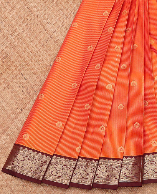 Orange Budget Silk Saree, Sparsely Sparkled with Zari Buttas and Stripes, Complemented by a Contrast Traditional Zari Border, Grand Pallu, and a Contrast Blouse