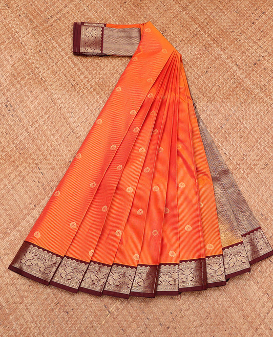 Orange Budget Silk Saree, Sparsely Sparkled with Zari Buttas and Stripes, Complemented by a Contrast Traditional Zari Border, Grand Pallu, and a Contrast Blouse