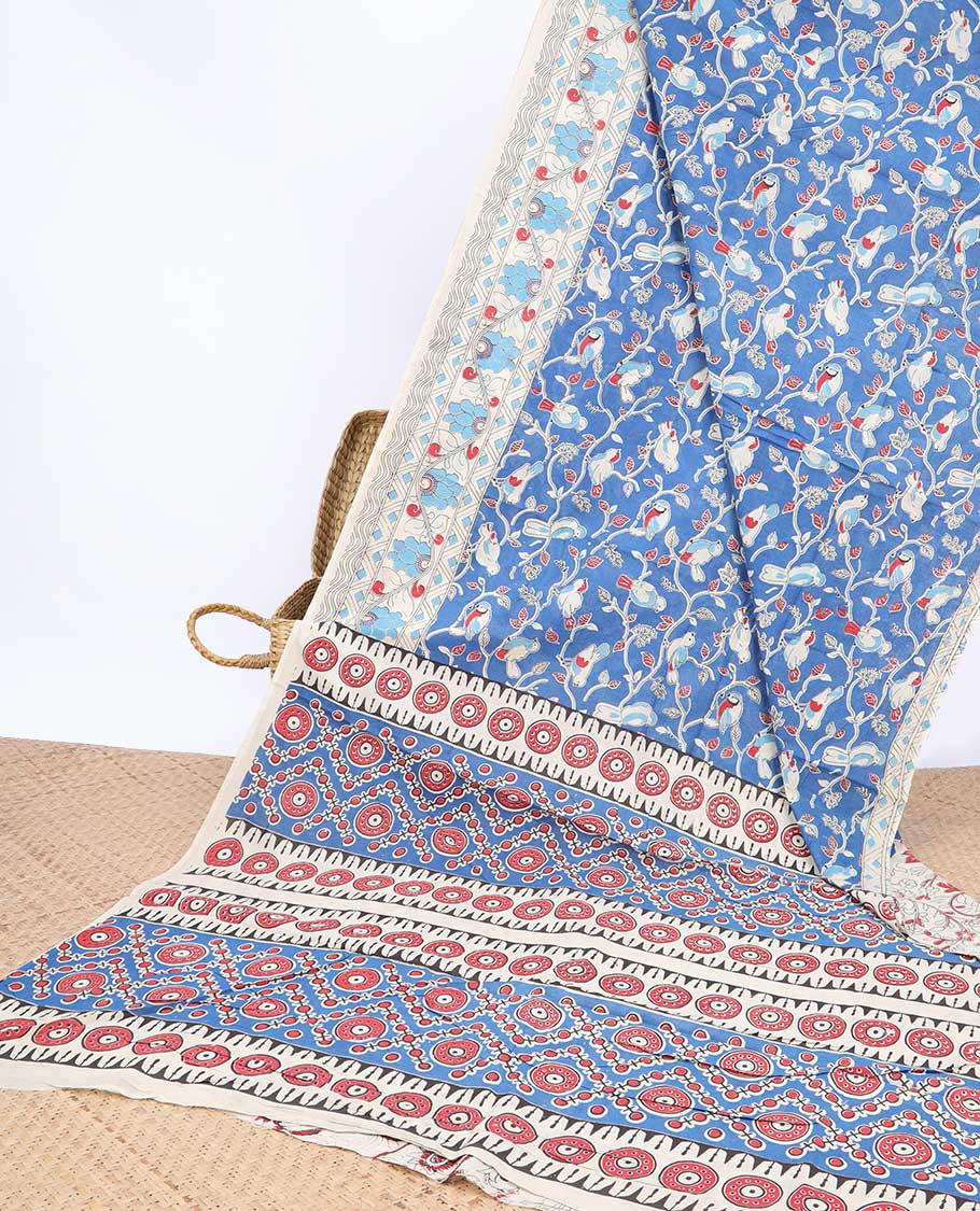 Blue floral machine-printed kalamkari cotton saree, contrast floral & geometric border & intricate pallu