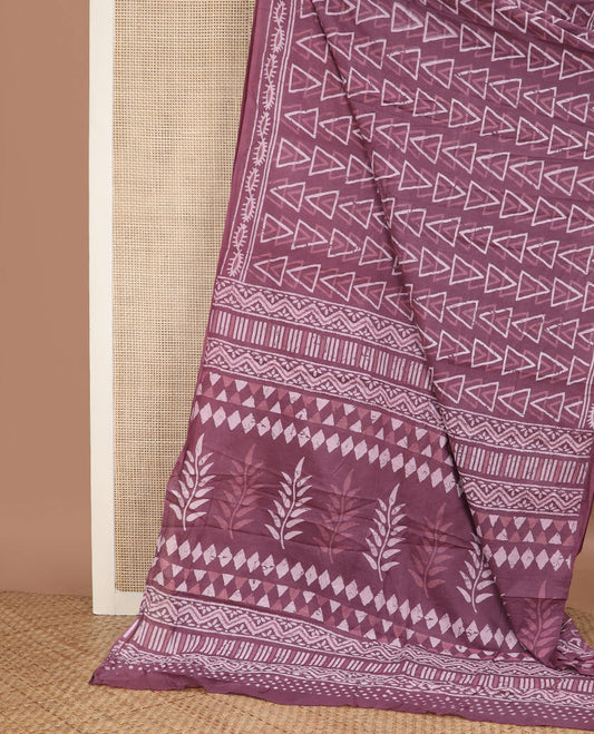 Rosewood batik-style triangle motifs mul mul cotton saree, batik-style printed border & floral-geometric printed pallu