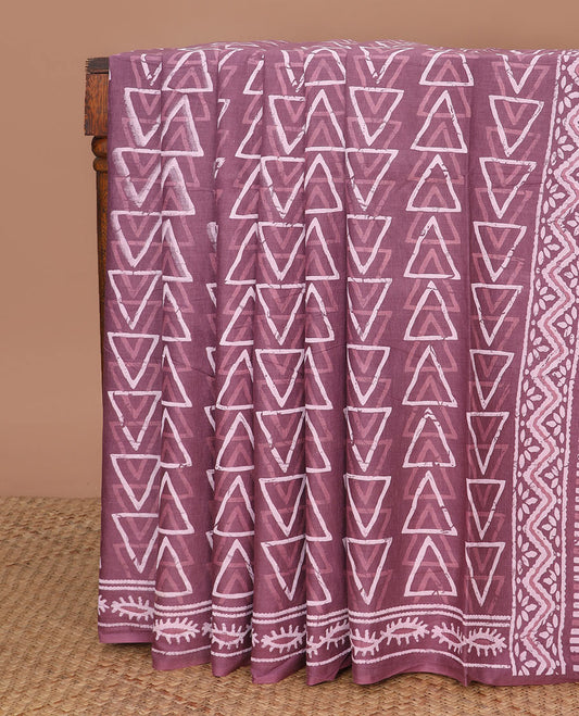 Rosewood batik-style triangle motifs mul mul cotton saree, batik-style printed border & floral-geometric printed pallu