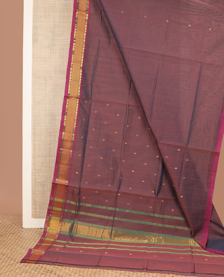 Maroon zari buttas Venkatagiri cotton saree, contrast traditional zari border, and striped pallu