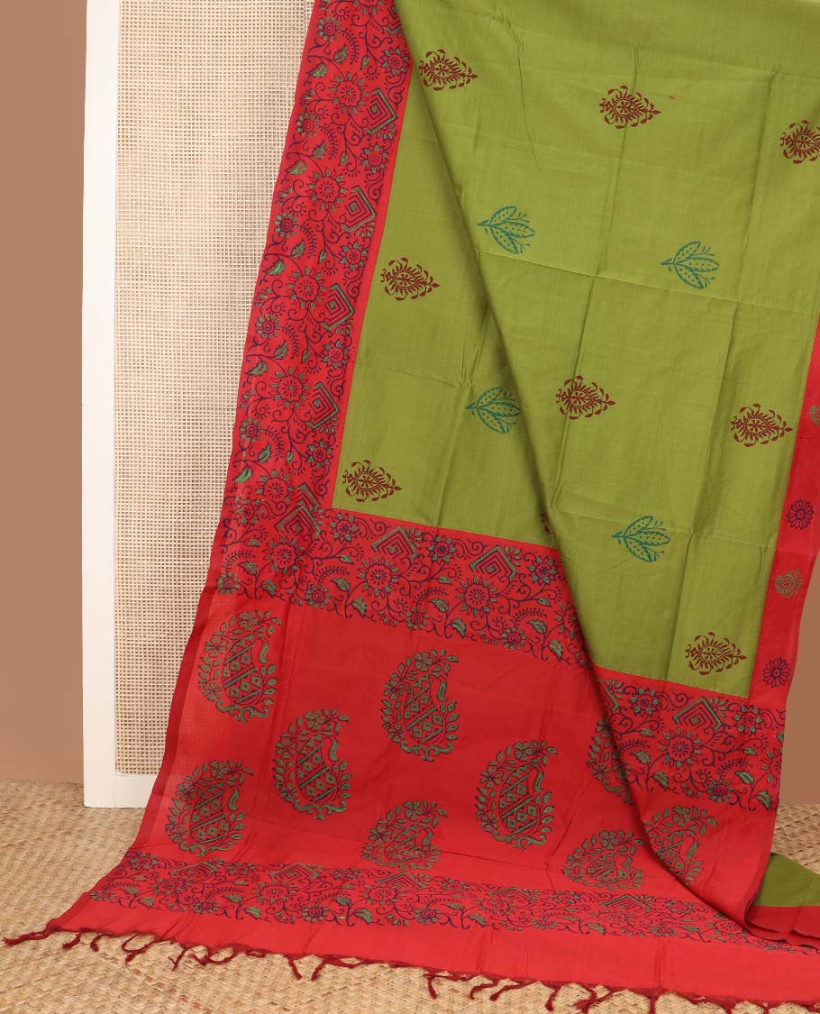 Parrot green unique motifs printed poly cotton saree, contrast floral motifs border, and paisley motif pallu
