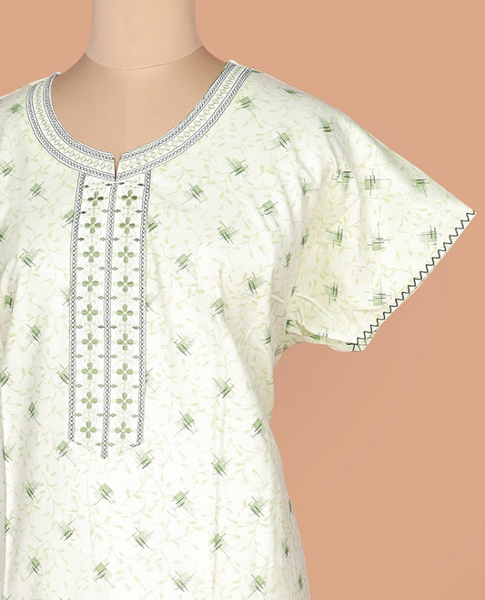 Light green floral vine and geometric print with boat neck embroidered half-sleeve cotton nighty