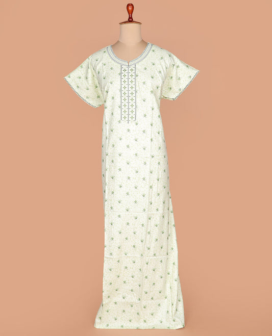 Light green floral vine and geometric print with boat neck embroidered half-sleeve cotton nighty