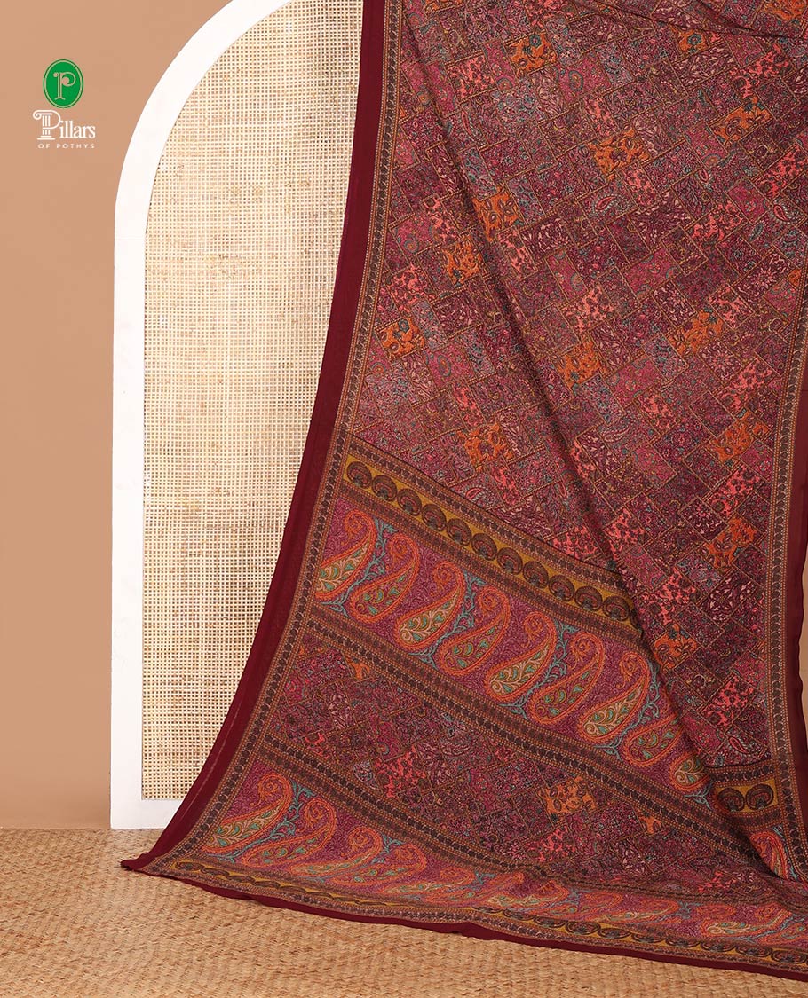 Maroon kaleidoscopic-colored checks mill-printed kimaya saree, contrast plain border & paisley & geometric printed pallu