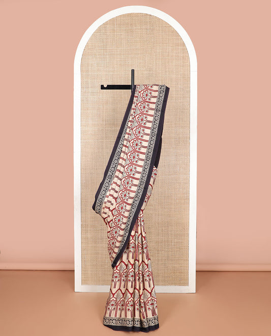 Off-white floral jaal design modal silk saree with contrast floral design & floral design pallu