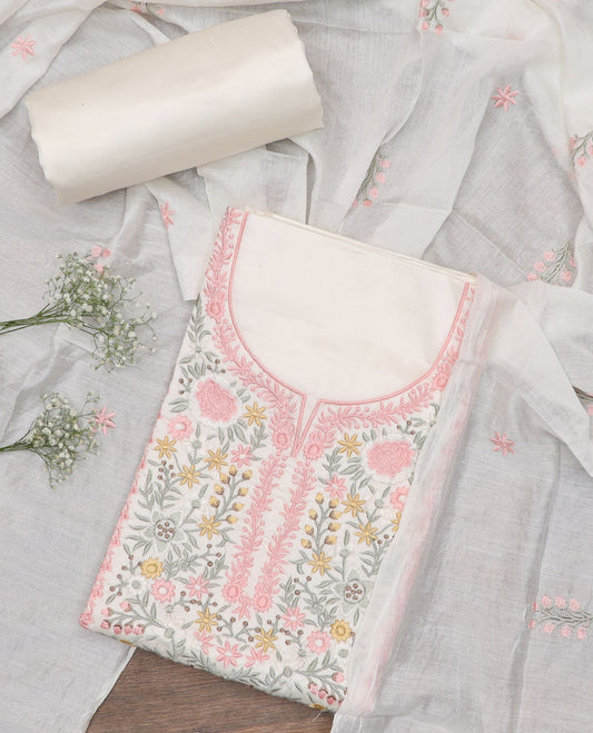 White material chudidar set, pastel colour thread embroidered top, plain bottom and thread embroidered dupatta