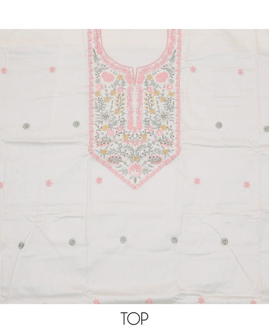 White material chudidar set, pastel colour thread embroidered top, plain bottom and thread embroidered dupatta