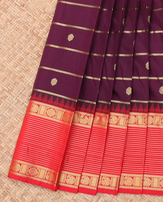 Maroon Budget Silk Saree, Charmingly Accented with Zari Buttas, a Contrast Traditional Zari Border, Grand Pallu, and a Contrast Blouse