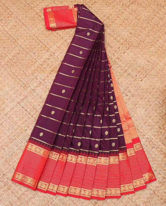 Maroon Budget Silk Saree, Charmingly Accented with Zari Buttas, a Contrast Traditional Zari Border, Grand Pallu, and a Contrast Blouse