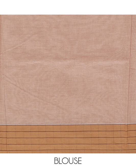 Sandal peacock chakram motifs Coimbatore cotton saree, contrast striped border & jaal pallu