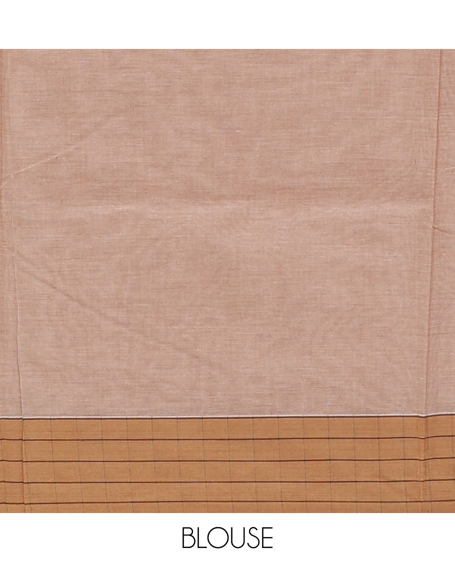 Sandal peacock chakram motifs Coimbatore cotton saree, contrast striped border & jaal pallu