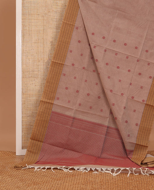 Sandal peacock chakram motifs Coimbatore cotton saree, contrast striped border & jaal pallu