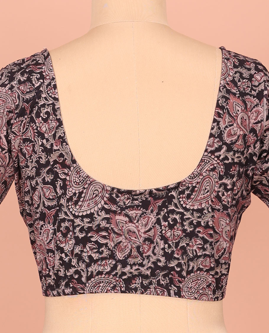 Black Cotton Readymade Blouse Delicately Printed with All-Over Floral Vine Print, Featuring a Front Round-Neck, a Back Round-Neck, and Elbow Sleeves