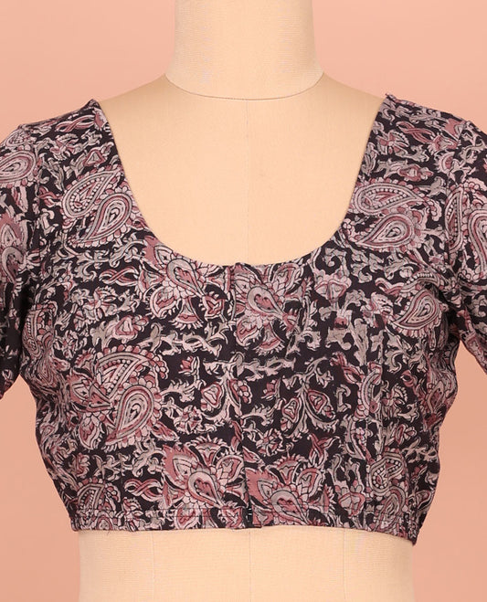 Black Cotton Readymade Blouse Delicately Printed with All-Over Floral Vine Print, Featuring a Front Round-Neck, a Back Round-Neck, and Elbow Sleeves