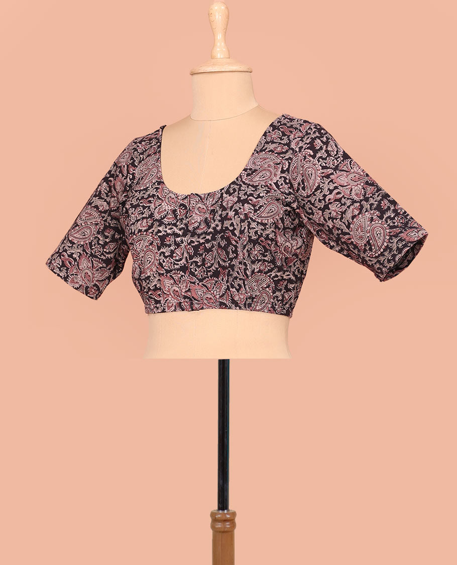 Black Cotton Readymade Blouse Delicately Printed with All-Over Floral Vine Print, Featuring a Front Round-Neck, a Back Round-Neck, and Elbow Sleeves