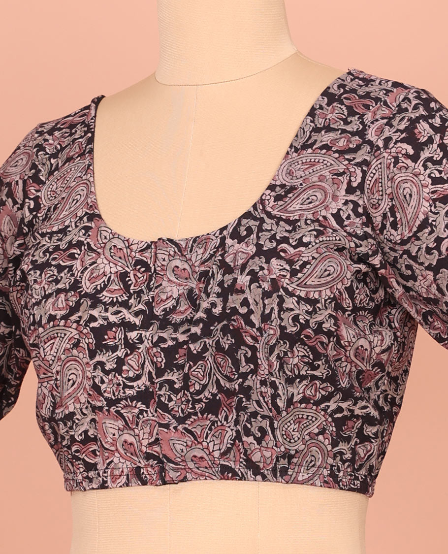 Black Cotton Readymade Blouse Delicately Printed with All-Over Floral Vine Print, Featuring a Front Round-Neck, a Back Round-Neck, and Elbow Sleeves
