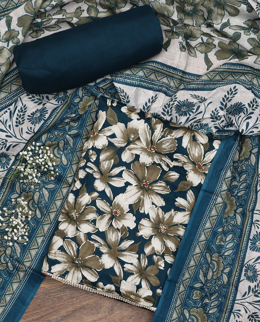Blue material chudidar set, floral printed top, plain bottom and floral printed dupatta
