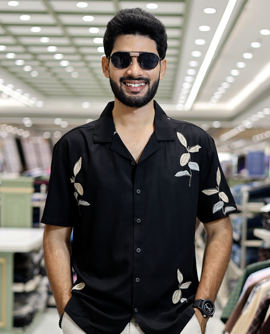Black Leaf Embroidery Cotton-Blended Casual Shirt