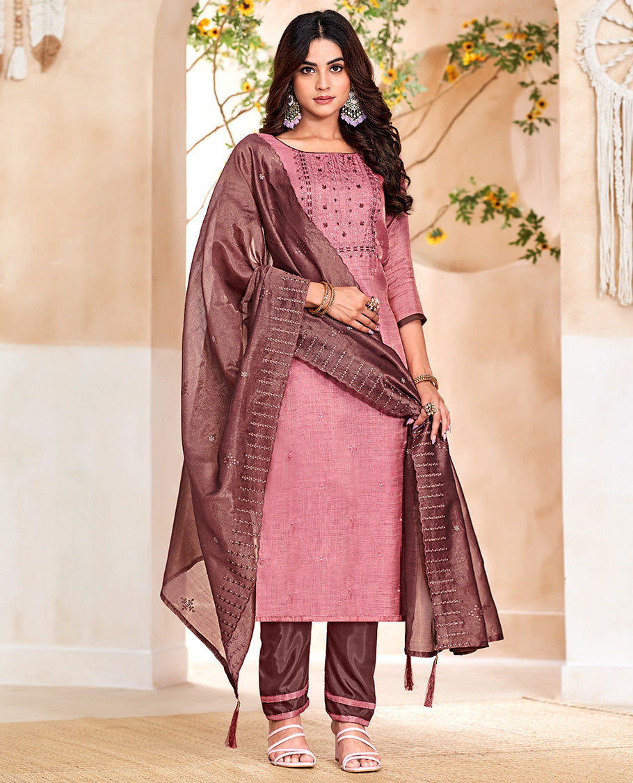 Pink churidar material set, thread with sequins floral theme embroidered top, contrast bottom, and thread with sequins embroidered scallop dupatta