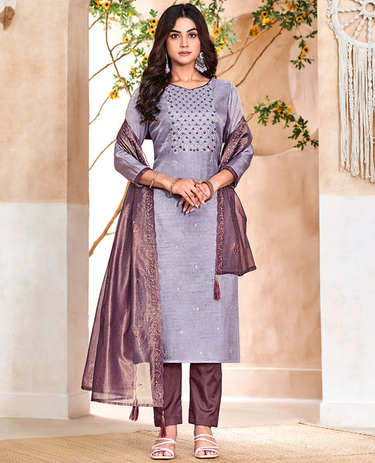 Lavender churidar material set, thread with sequins embroidered top, contrast bottom, and embroidered scallop dupatta