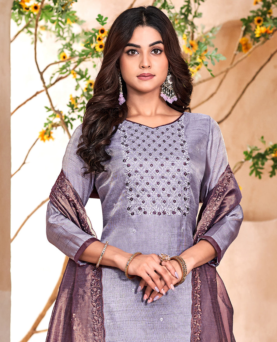 Lavender churidar material set, thread with sequins embroidered top, contrast bottom, and embroidered scallop dupatta