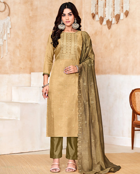 Sandal churidar material set, thread with sequins embroidered top, contrast bottom, and embroidered scallop dupatta