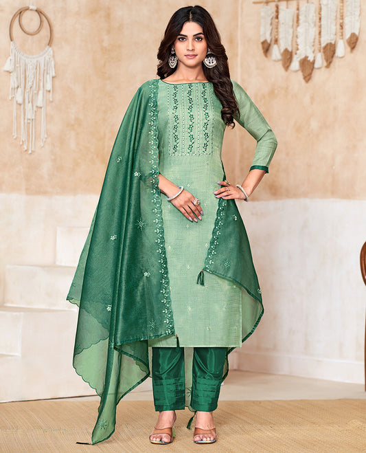 Green churidar material set, thread with sequins floral theme embroidered top, contrast bottom, and floral embroidered scallop dupatta