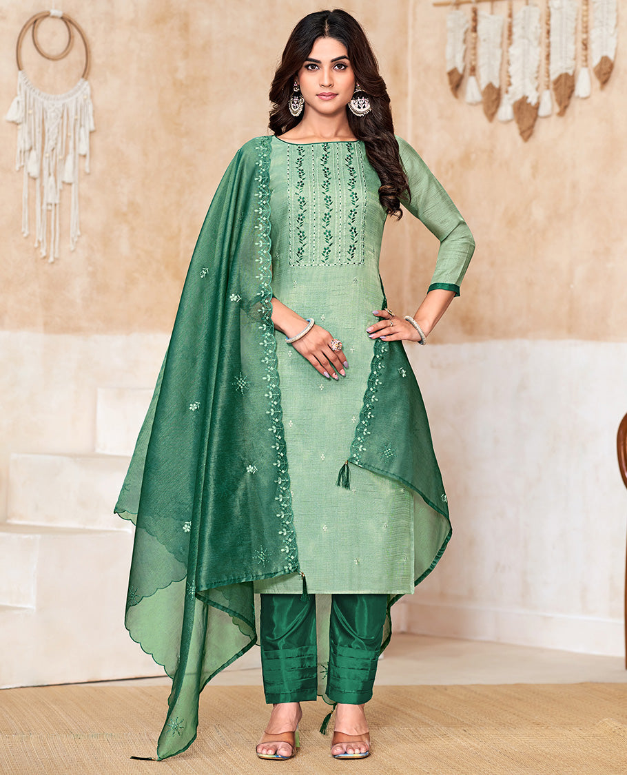 Green churidar material set, thread with sequins floral theme embroidered top, contrast bottom, and floral embroidered scallop dupatta