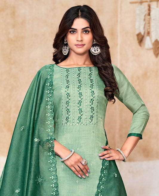 Green churidar material set, thread with sequins floral theme embroidered top, contrast bottom, and floral embroidered scallop dupatta