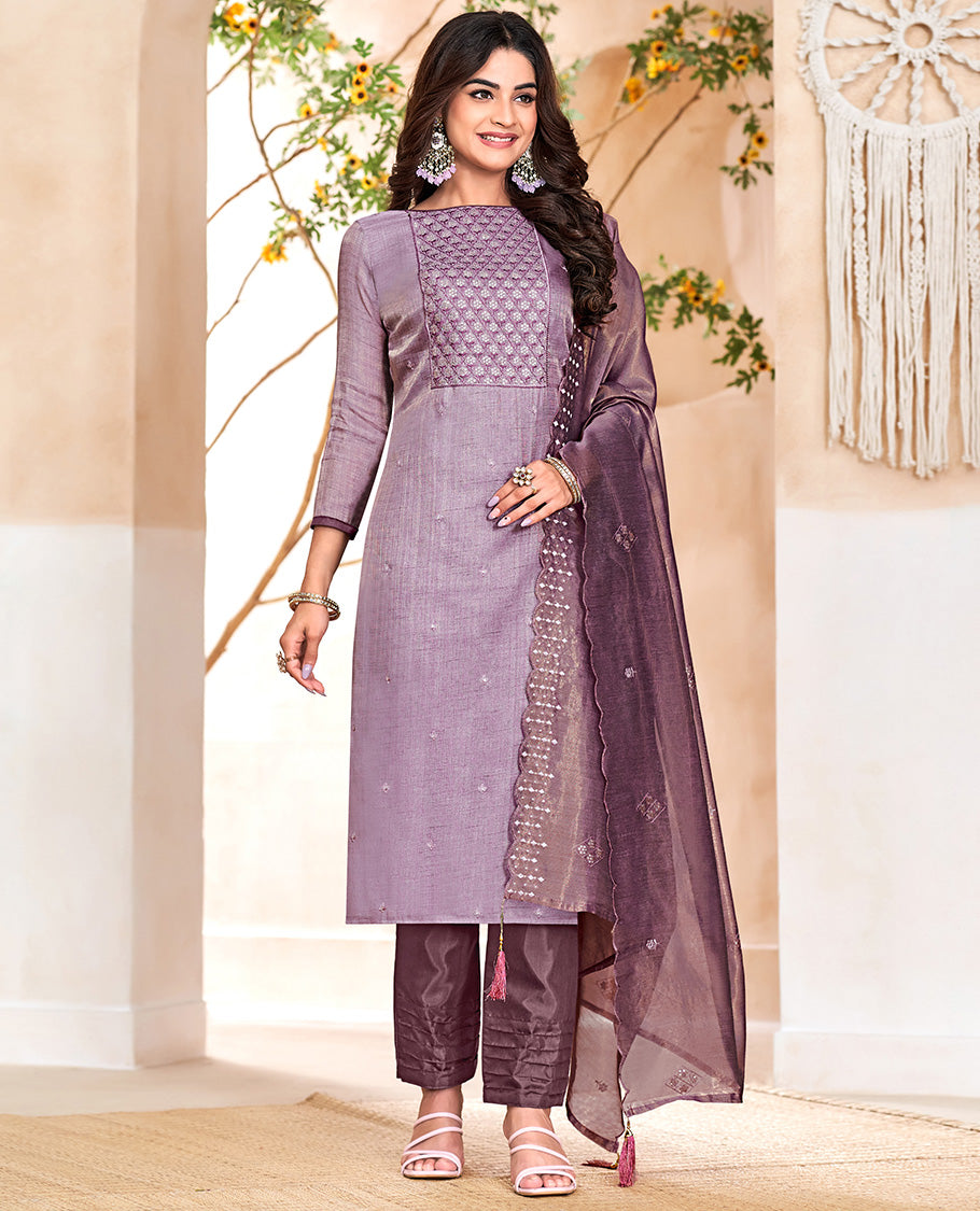Lavender churidar material set, thread with sequins floral embroidered top, contrast bottom, and embroidered scallop dupatta