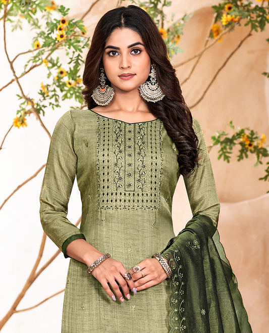 Green churidar material set, thread with sequins floral embroidered top, contrast bottom, and floral embroidered scallop dupatta