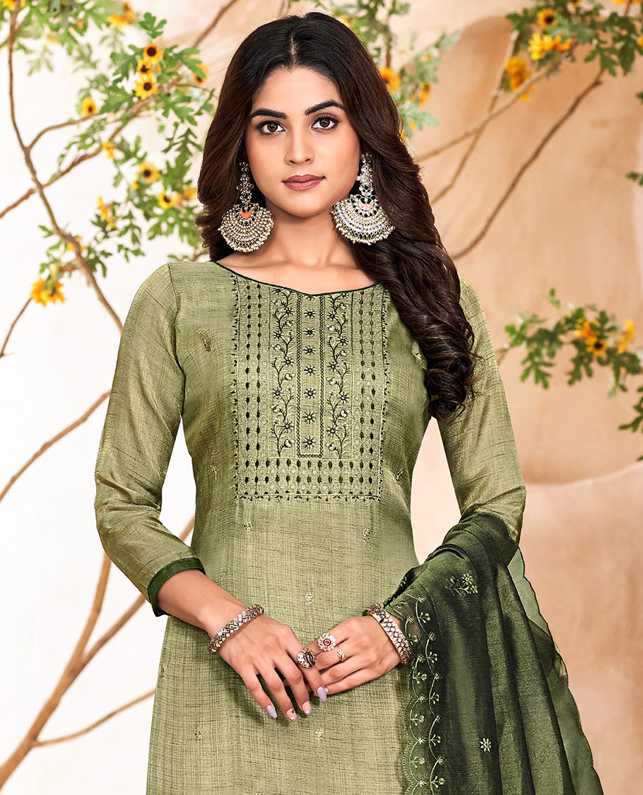 Green churidar material set, thread with sequins floral embroidered top, contrast bottom, and floral embroidered scallop dupatta