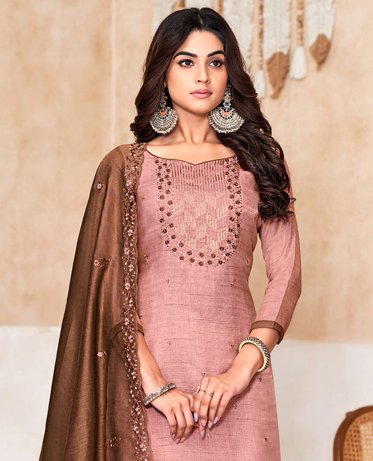 Pink churidar material set, thread with sequins floral embroidered top, contrast bottom, and floral embroidered scallop dupatta