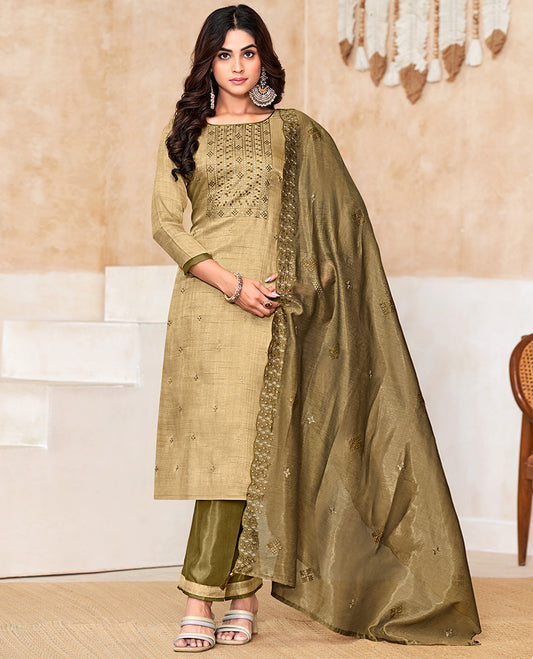 Green churidar material set, thread with sequins floral embroidered top, contrast bottom, and embroidered scallop dupatta