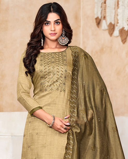 Green churidar material set, thread with sequins floral embroidered top, contrast bottom, and embroidered scallop dupatta