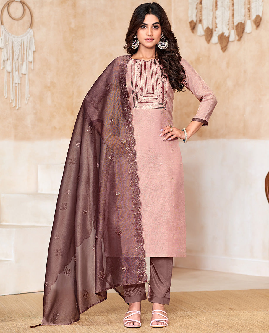 Baby pink churidar material set, thread floral embroidered top, contrast bottom, and embroidered scallop dupatta