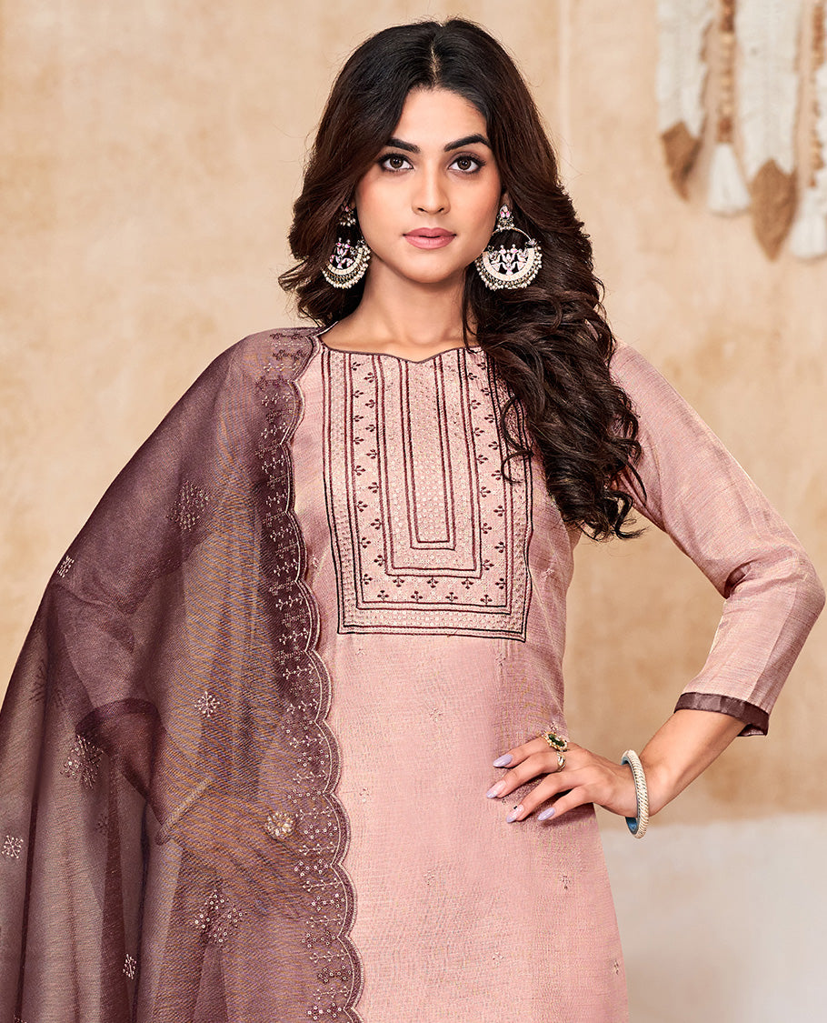 Baby pink churidar material set, thread floral embroidered top, contrast bottom, and embroidered scallop dupatta