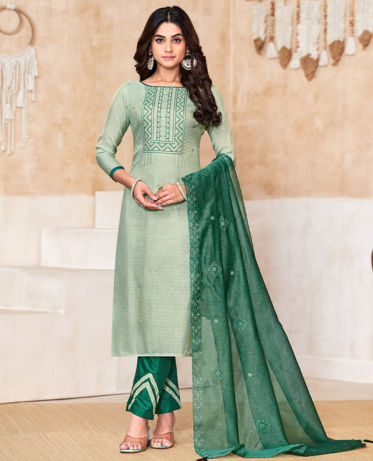 Green churidar material set, thread with sequins embroidered top, contrast bottom, and sequins embroidered scallop dupatta