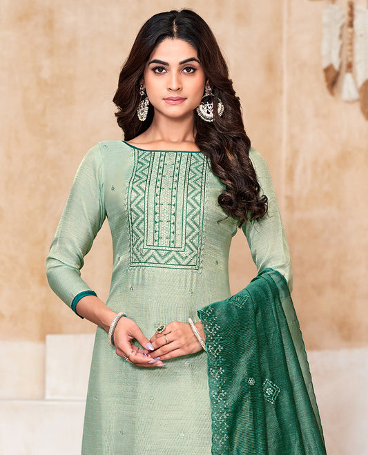 Green churidar material set, thread with sequins embroidered top, contrast bottom, and sequins embroidered scallop dupatta
