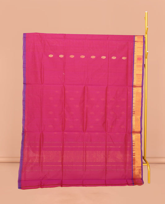 Pink Venkatagiri Cotton Saree Features Buttas, a Contrast Zari-Thread Border, Pallu of Stripes, and No Blouse