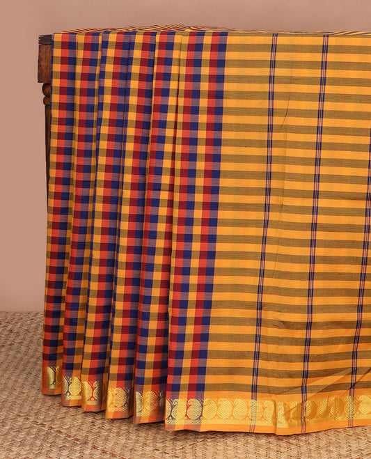 Multi-color checked design poly cotton saree, manga design zari border & striped pallu