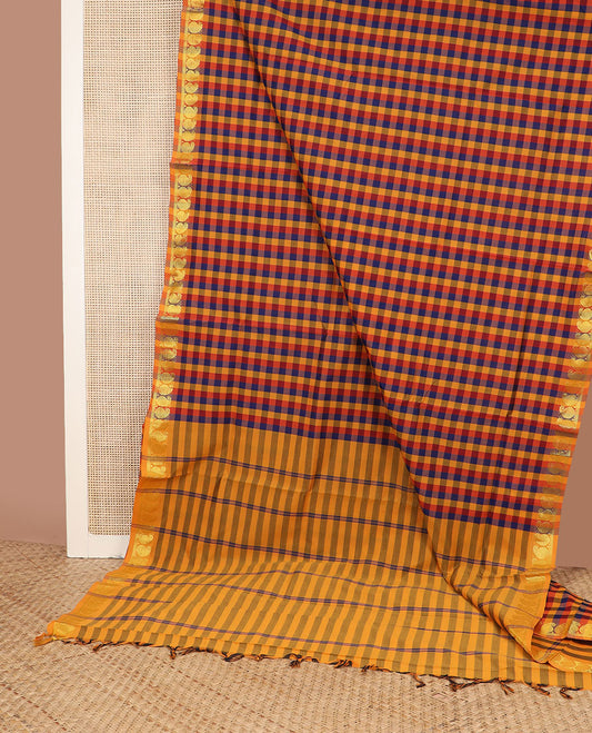 Multi-color checked design poly cotton saree, manga design zari border & striped pallu