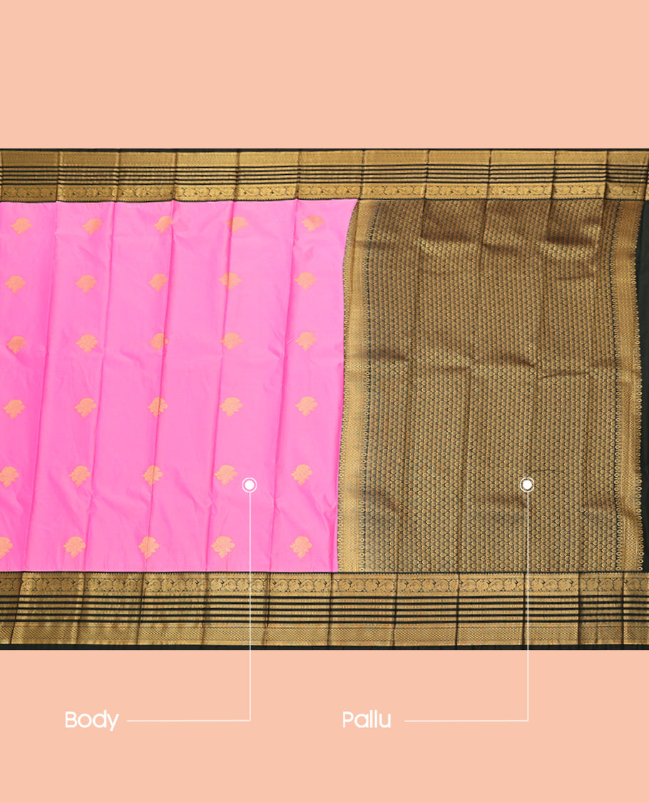 Pink Budget Silk Saree, Woven with Zari Buttas, a Contrast Traditional Zari Border, Grand Pallu, and a Contrast Blouse