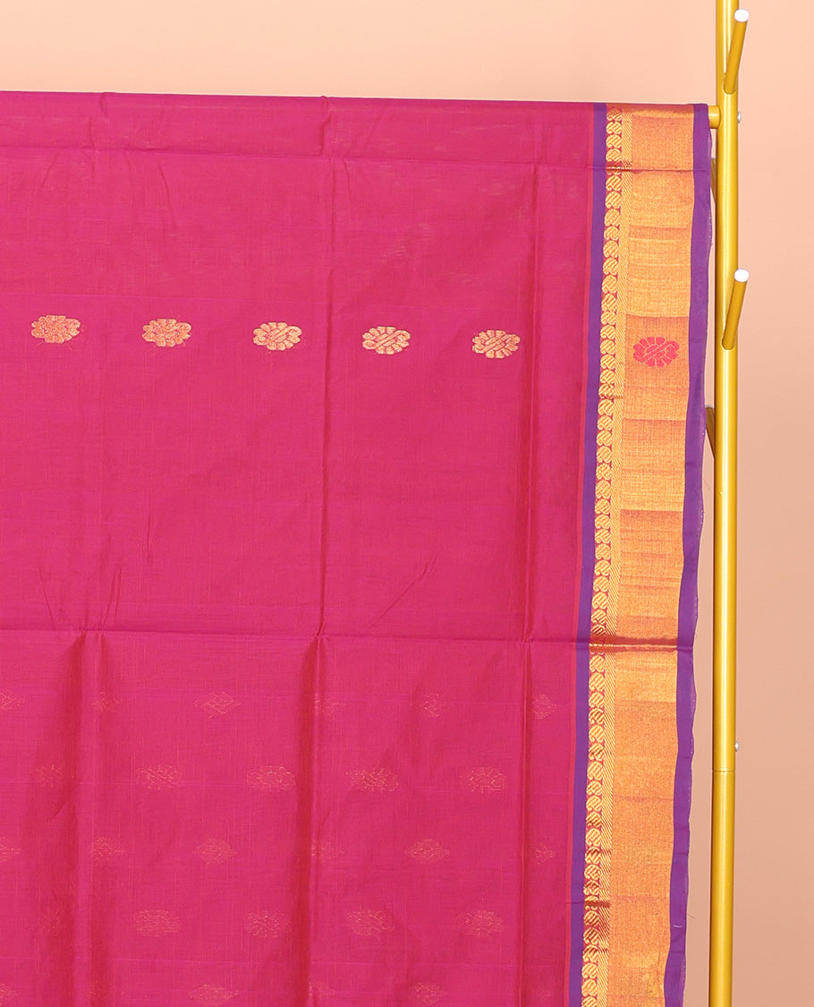Pink Venkatagiri Cotton Saree Features Buttas, a Contrast Zari-Thread Border, Pallu of Stripes, and No Blouse