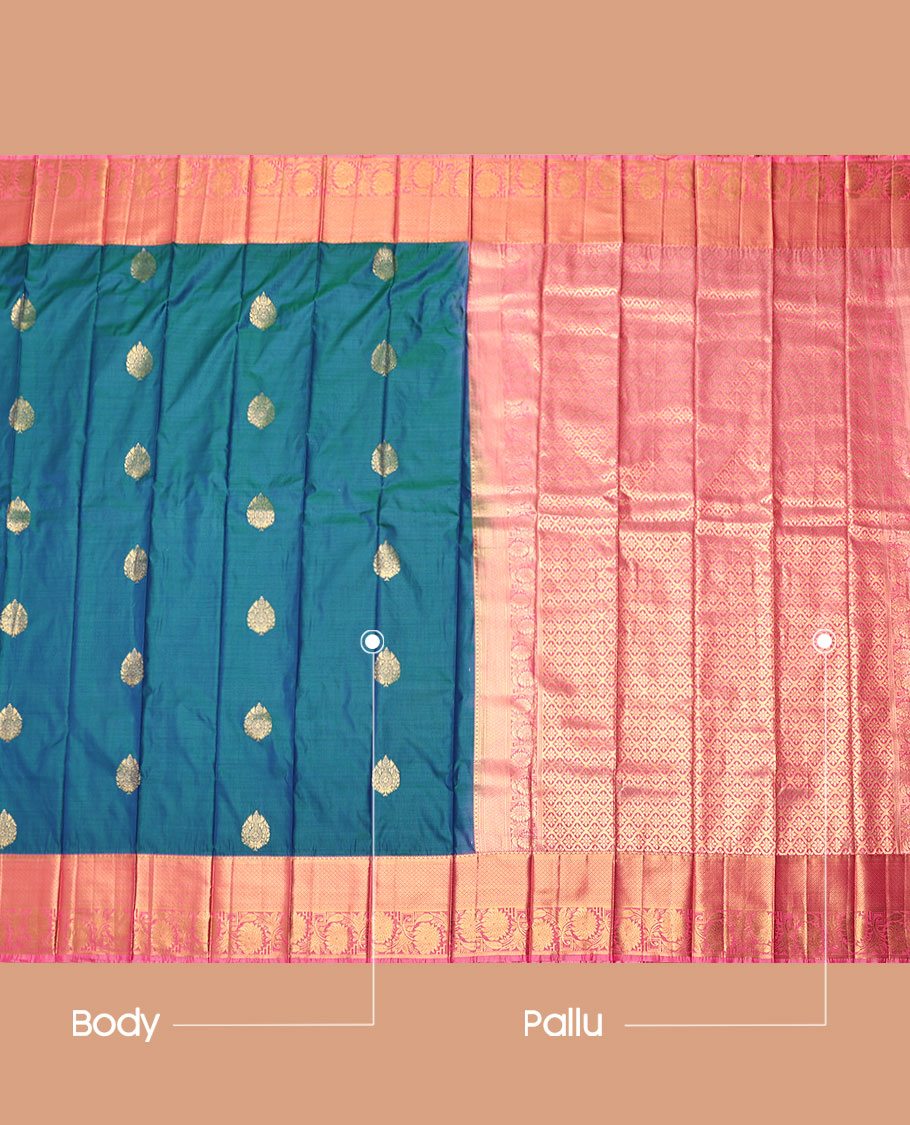 Blue Budget Silk Saree, Adorned with Zari Buttas, Complemented by Contrast Traditional Zari Border, a Grand Jaal Pallu and a Contrast Blouse