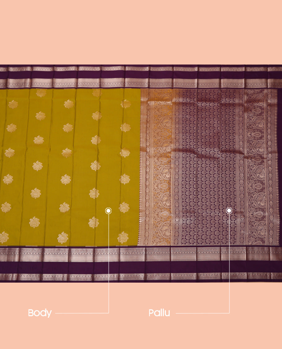 Leaf Green Budget Silk Saree, Ornamented with Zari Buttas, Complemented by a Contrast Traditional Zari Rettai Pettu Border, Grand Pallu, and a Contrast Blouse